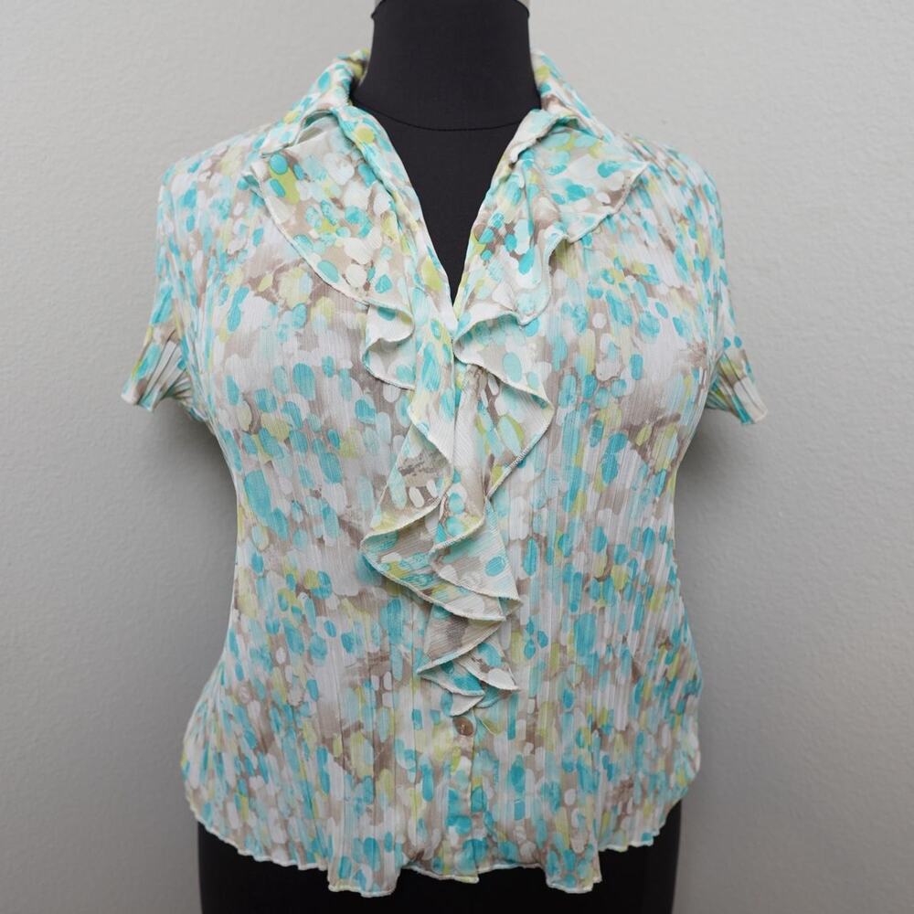 TanJay Ruffle Blouse Aqua Print Plus Size